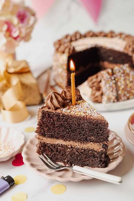 A slice of two-layer chocolate cake with chocolate frosting, sprinkles, and a lit birthday candle