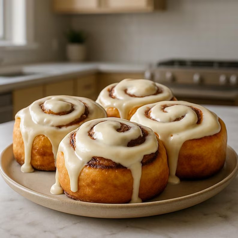 Four glazed cinnamon rolls on a stoneware plate in a sunny kitchen